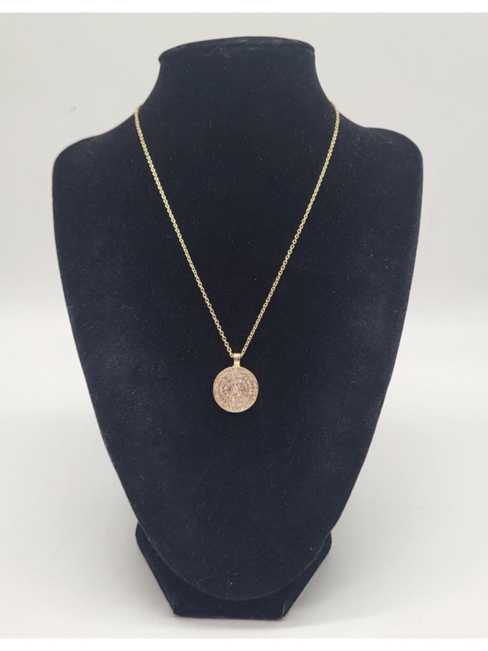 Gold Tone Medallion Pendant Necklace Spiral Circle with Rhinestones Minimalist C - Picture 2 of 10